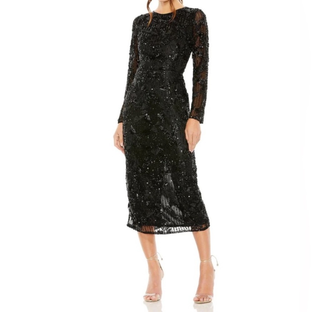 Mac Duggal Black High Neck Long Sleeve Embellished Midi Dress Style 5988 Reemoly